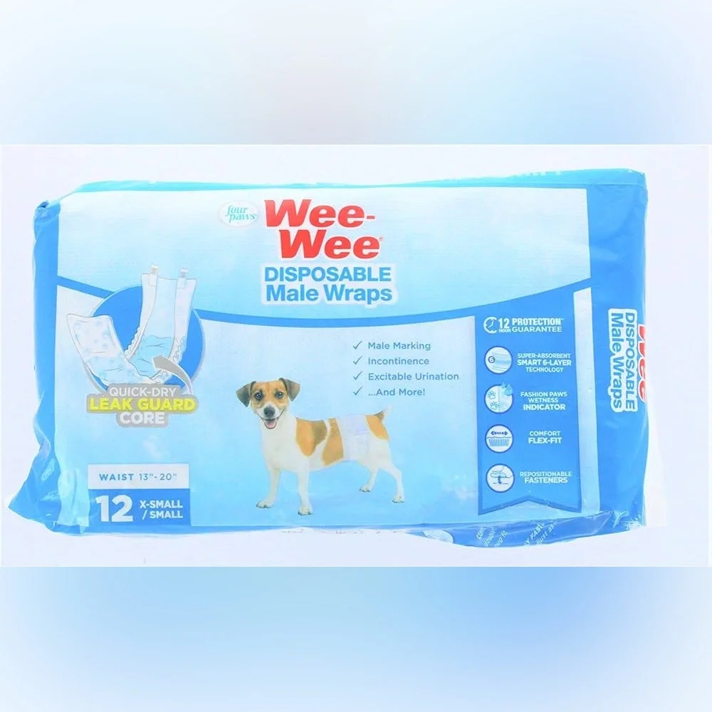 Male Dog Wraps Disposable X-Small/Small (1 pack with 12 wraps) Wee-Wee Four Paws